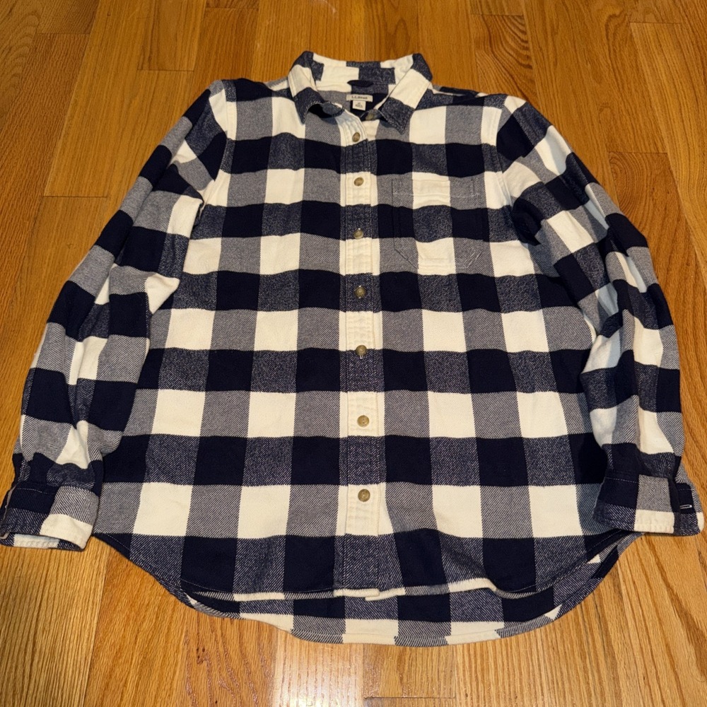 L.L.Bean Flannel Shirt Women M Navy Blue Buffalo Check Organic Cotton 506162